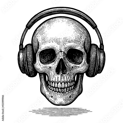 Skull Wearing Headphones Front View Detailed Black and White Outline Line Art Drawing Style