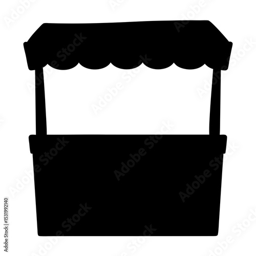 A simple silhouette of a vendor booth, offering goods to customers