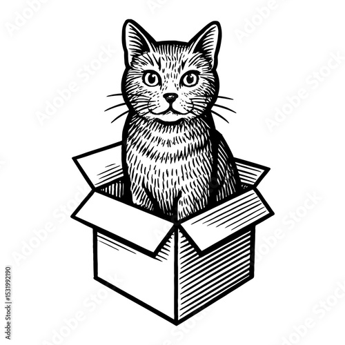 Cat Sitting in Box Black and White Outline Line Art Drawing Illustration Engraving Retro