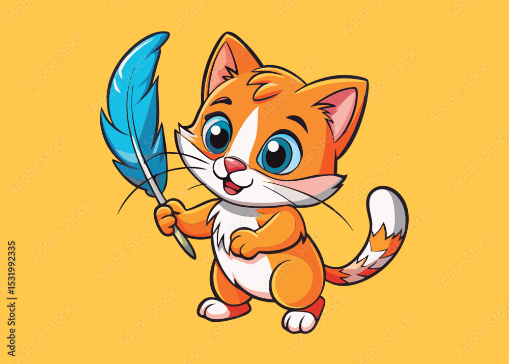 Obraz premium Cute orange kitten holding a feather.