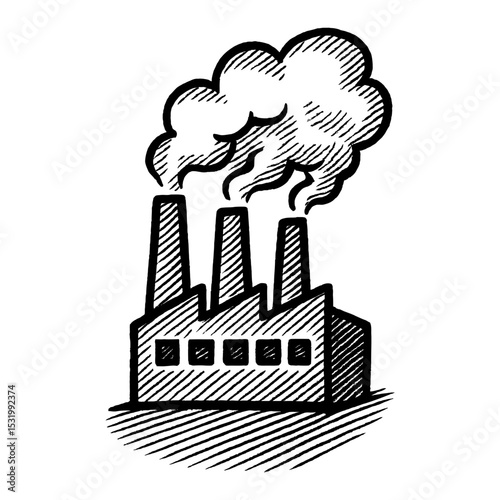 Industrial Factory Plant with Smoke Emission in Black and White Outline Line Art Drawing