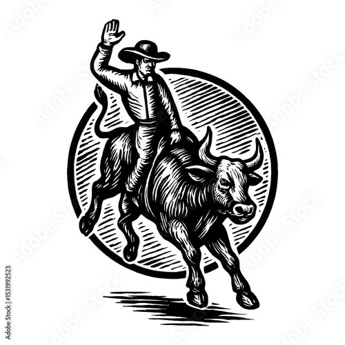 Cowboy Rides Bull Waving Hand Black and White Outline Line Art Drawing Engraving Vintage Retro Style