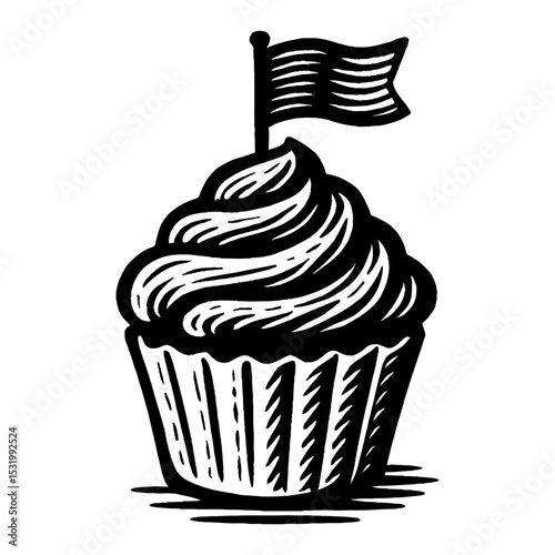Cupcake Topped with Flag Black and White Outline Line Art Drawing Isolated Illustration Art