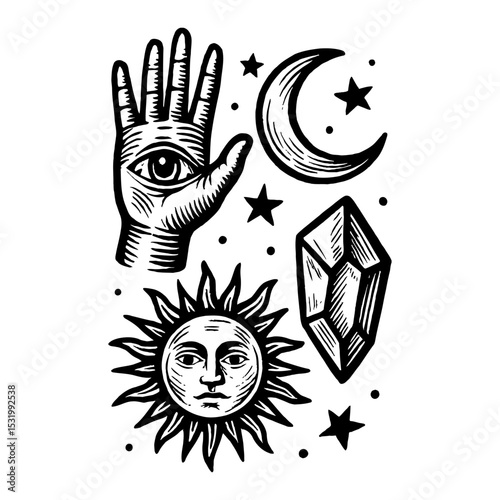 Hand with Eye Moon Sun and Gemstone Occult Spiritual Black and White Outline Line Art Drawing