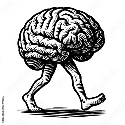 Brain Walking on Legs in Black and White Outline Line Art Drawing Funny Concept Illustration