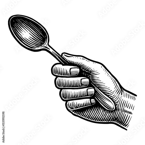 Hand Holding a Spoon Black and White Outline Line Art Drawing in Detailed Engraving Style