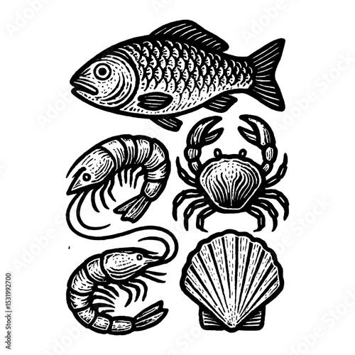 Seafood Combination Fish Crab Shrimp Shellfish Black and White Outline Line Art Drawing