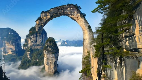 Majestic natural rock arch towering over a sea of clouds, surrounded by lush green mountains