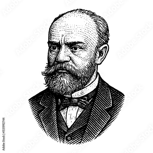 Man Portrait with Beard and Bow Tie in Black and White Outline Line Art Drawing Style