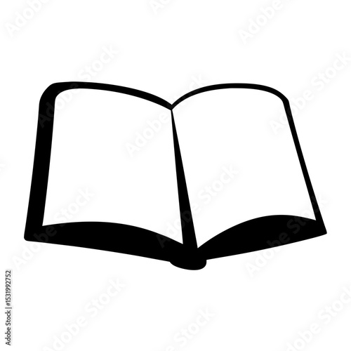 Open book with blank pages, simple black and white illustration, education and knowledge