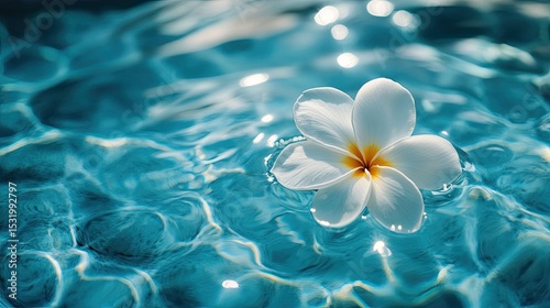 Delicate white plumeria flower floating over turquoise Caribbean water for a tropical vacation theme 
