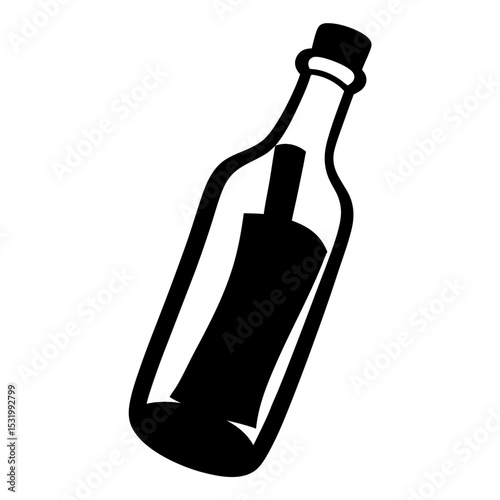 Simple stylized black and white image of a message in a bottle
