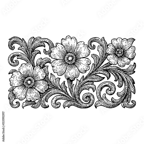 Floral Pattern with Leaves and Swirls Black and White Outline Line Art Drawing