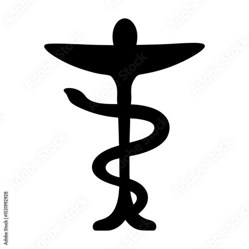 A black and white symbol of the caduceus with snake around staff