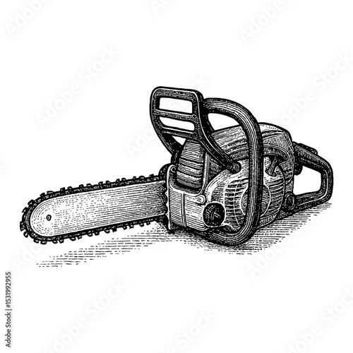 Chainsaw Woodcut Style Black and White Outline Line Art Drawing of a Powerful Saw Tool Equipment