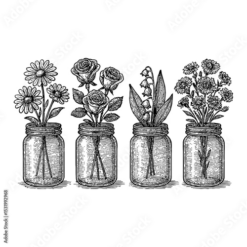 Flowers in Jars Black and White Outline Line Art Drawing Illustration Rose Lily Daisy Bouquet