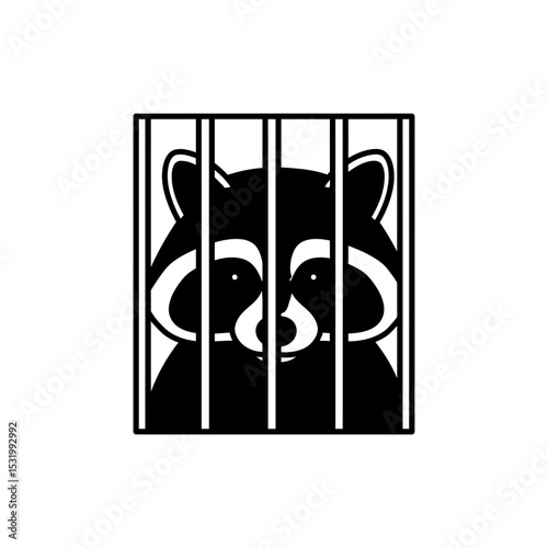 Raccoon behind tight cage bars alertly