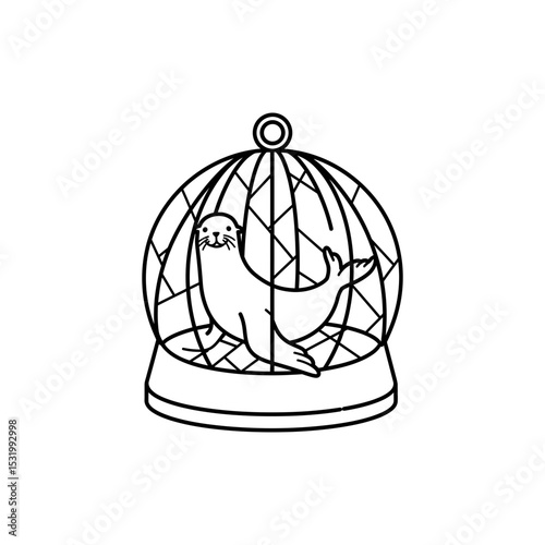 Sea lion in round mesh cage resting