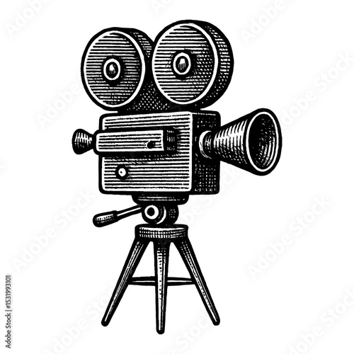 Vintage Movie Camera on Tripod Black and White Outline Line Art Drawing of an Old Film Camera