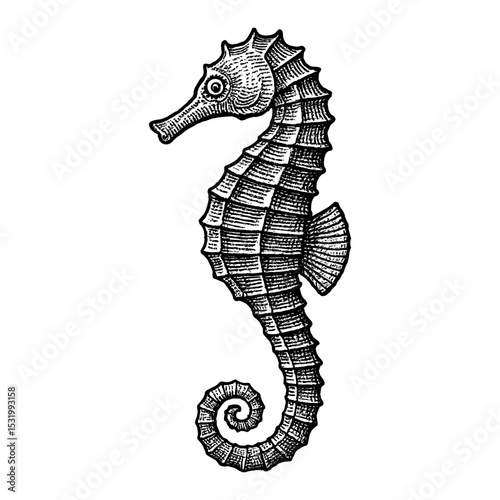 Elegant Seahorse Black and White Outline Line Art Drawing Featuring Intricate Details and Vintage Style