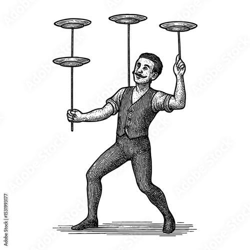 Man Balancing Plates on Sticks Vintage Circus Performer Black and White Outline Line Art Drawing