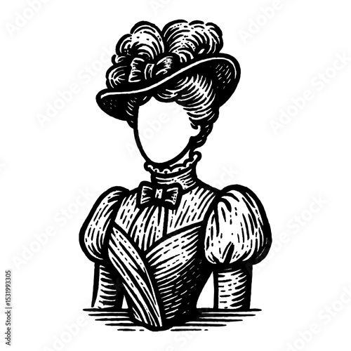 Victorian Woman Wearing Hat in Black and White Outline Line Art Drawing Style Illustration