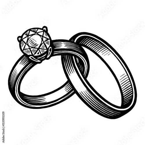 Two Wedding Rings Jewelry Black and White Outline Line Art Drawing Symbolizing Eternal Love