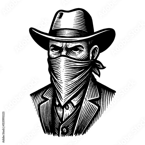 Bandit Cowboy Black and White Outline Line Art Drawing Portrait Wearing Hat and Bandana Covering Face