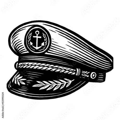 Black and White Outline Line Art Drawing of a Captain Hat with Anchor Emblem Vintage Style