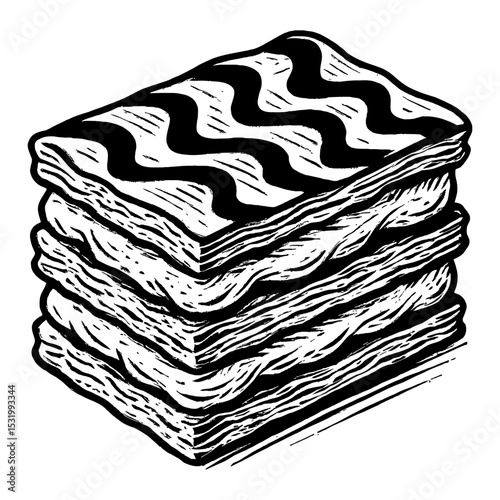 Lasagna Stack Detail Black and White Outline Line Art Drawing Food Illustration