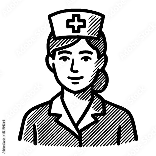 Illustration of a Nurse or Doctor with Plus Sign Cap Black and White Outline Line Art Drawing