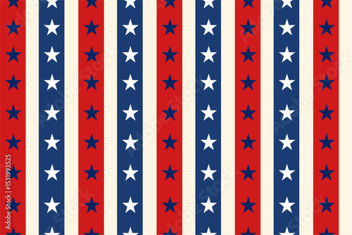 Vertical stripe pattern with stars in USA patriotic colors. Ideal for July 4th, fabric prints, or festive backgrounds.