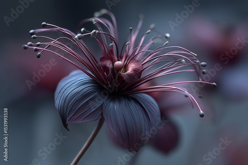 Black bat flower (tacca) with dramatic whiskers on a moody dark backdrop, gothic and mysterious floral photography