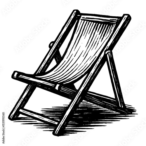 Beach Chair Line Art Relaxing Vacation Woodcut Engraving Black and White Outline Line Art Drawing