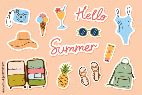 Vector illustration sticker set on travel and vacation. Words hello summer, icons of suitcase, sun hat, camera, cute cartoon cocktail, swimsuit, backpack for planners, social media, journaling