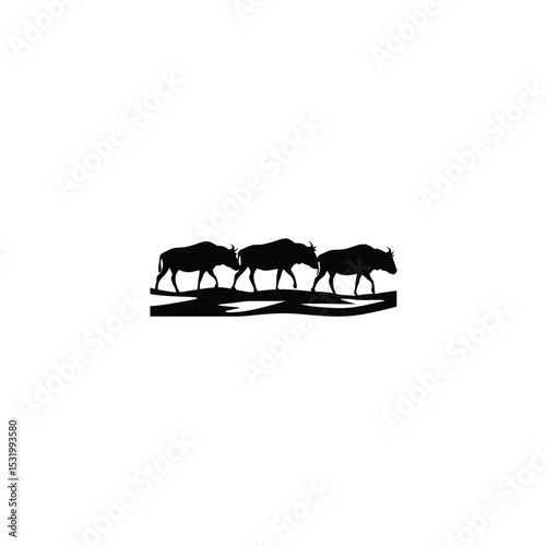 A herd of wildebeest crossing a river silhouette on white background