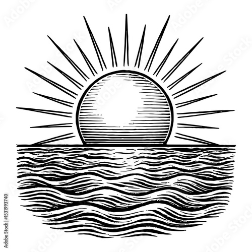 Sun Rising Over the Sea Black and White Outline Line Art Drawing Vector Illustration