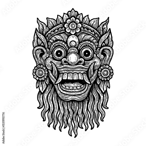 Detailed Barong Balinese Mask Black and White Outline Line Art Drawing Illustration Design