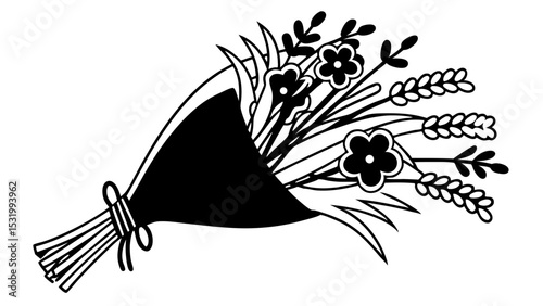 Black and white line art of a bouquet of flowers wrapped in paper with tied stems and floral accents created with generated ai