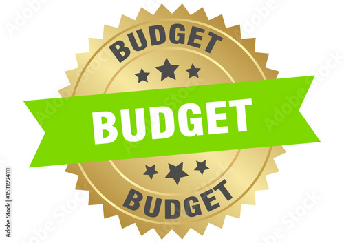 budget. budget round green and gold label isolated on transparent background