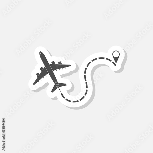 Airplane flight route icon sticker isolated on gray background