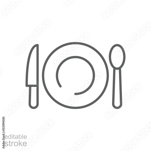 Dining Icon with Plate Knife and Spoon Outline Style Thin Line Editable Stroke Symbol for Food and Restaurant Concept