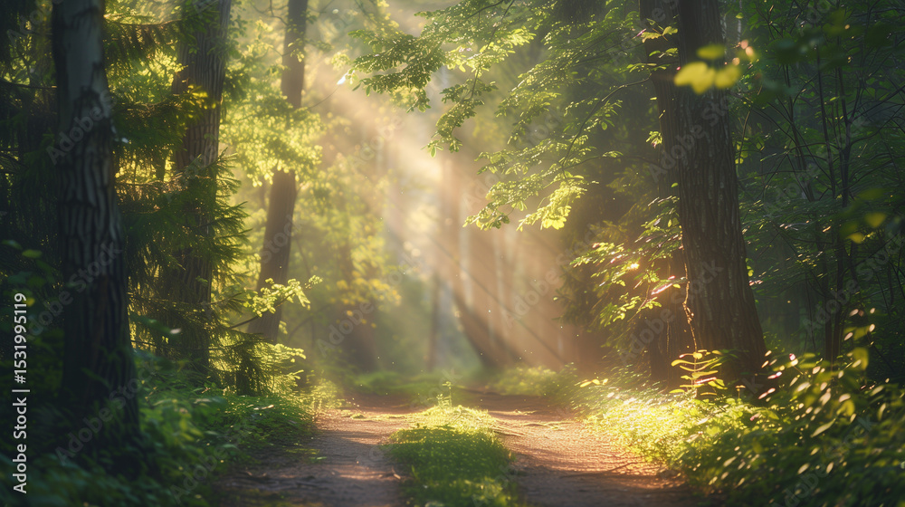 Obraz premium Sunlit forest path with golden rays through trees, a serene nature escape ﻿