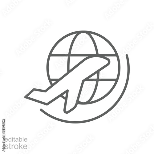 Airplane Around Globe Icon Outline Style Thin Line Editable Stroke Symbol for International Travel or Global Flight