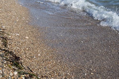 Fototapeta Naklejka Na Ścianę i Meble -  Close-up of gentle sea wave rolling on sandy shore. Sparkling sea water and foam on shore at sunset