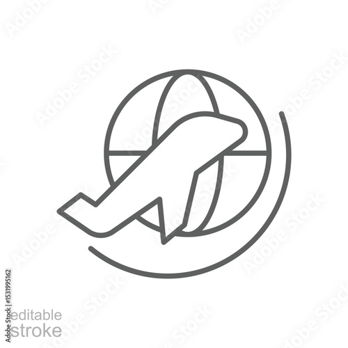 World Travel Icon with Airplane and Globe Thin Line Editable Stroke for Global Aviation and Tourism Design