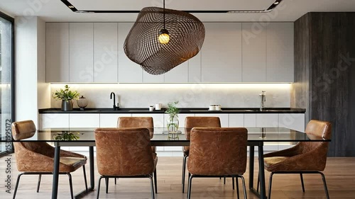 Modern kitchen interior featuring a dining table with stylish chairs and a unique pendant light