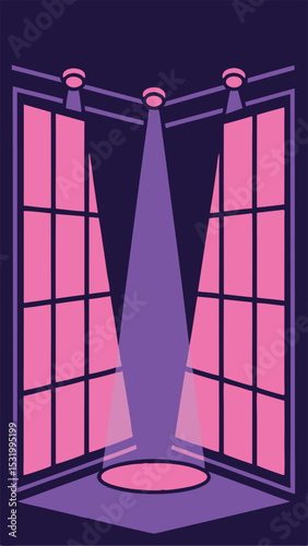 Abstract stage design with pink and purple lighting and architectural window frames