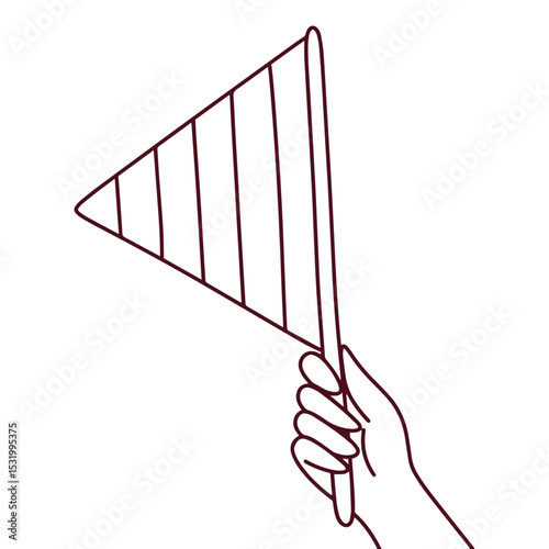 Line drawing of light-skinned hand holding triangle rainbow flag. Represents LGBT pride month, individuality, and visibility