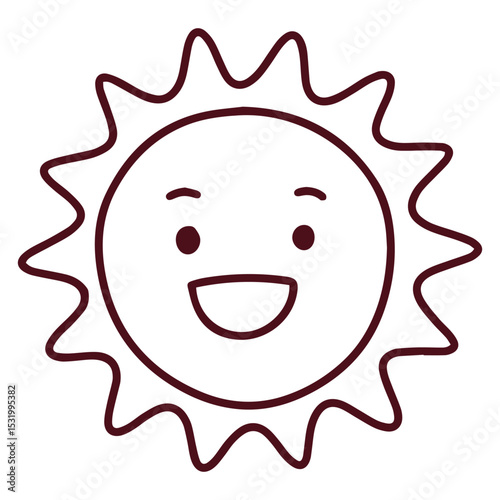 Minimal sun with smiling face and radial rays in line art style, cheerful monochrome icon with simple expression